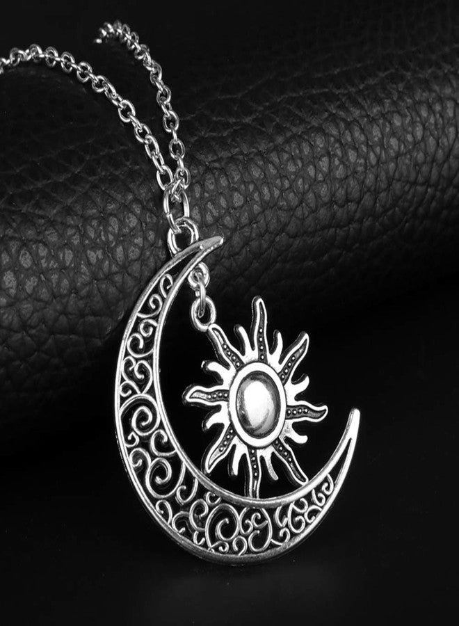 QIAN0813 Vintage Bronze Crescent Moon and Sun Pendant Necklace Retro Swirl Filigree Unisex Jewelry Gifts (Silver) - Image 3